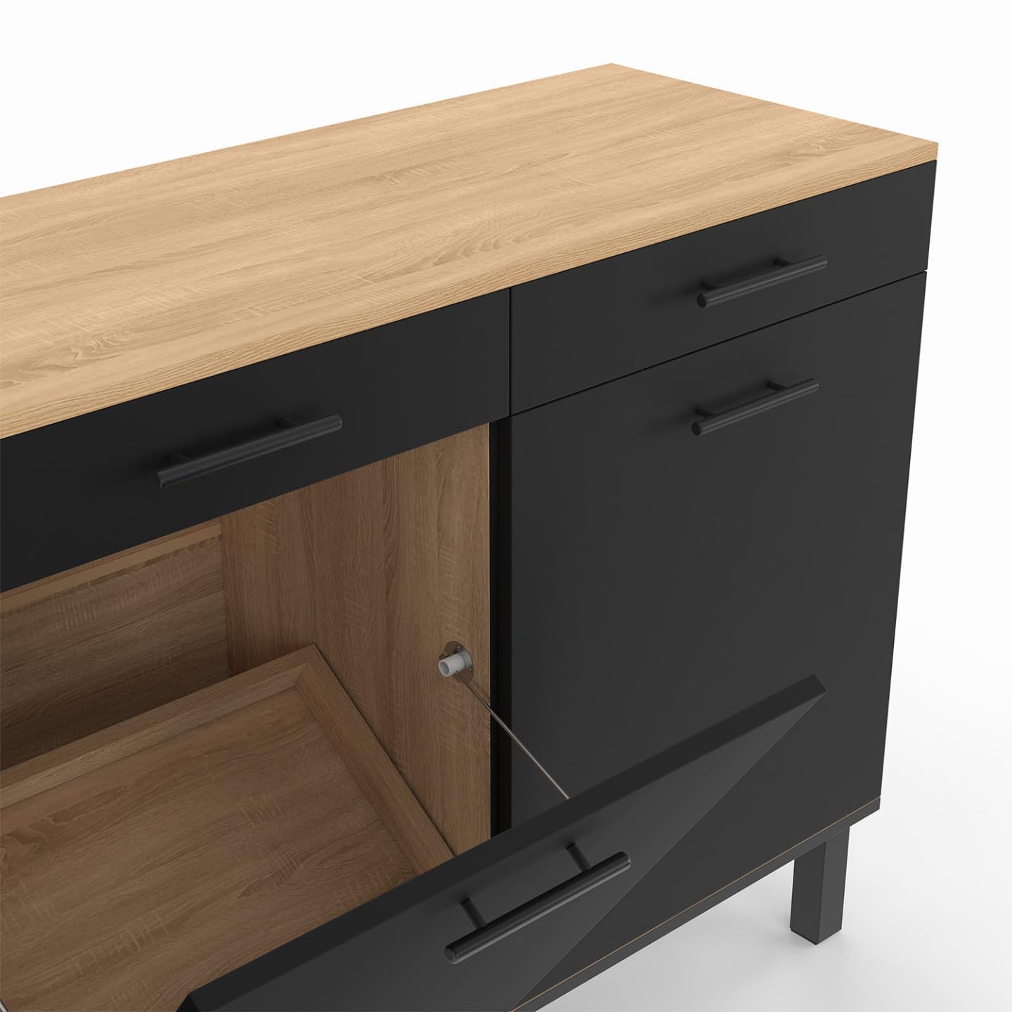 IDMarket - Küchenbuffet mit Abfalleimer 100 cm CINA Arbeitsplatte H.83 cm 2 Türen + Schubladen in Buchenholzoptik und Schwarz