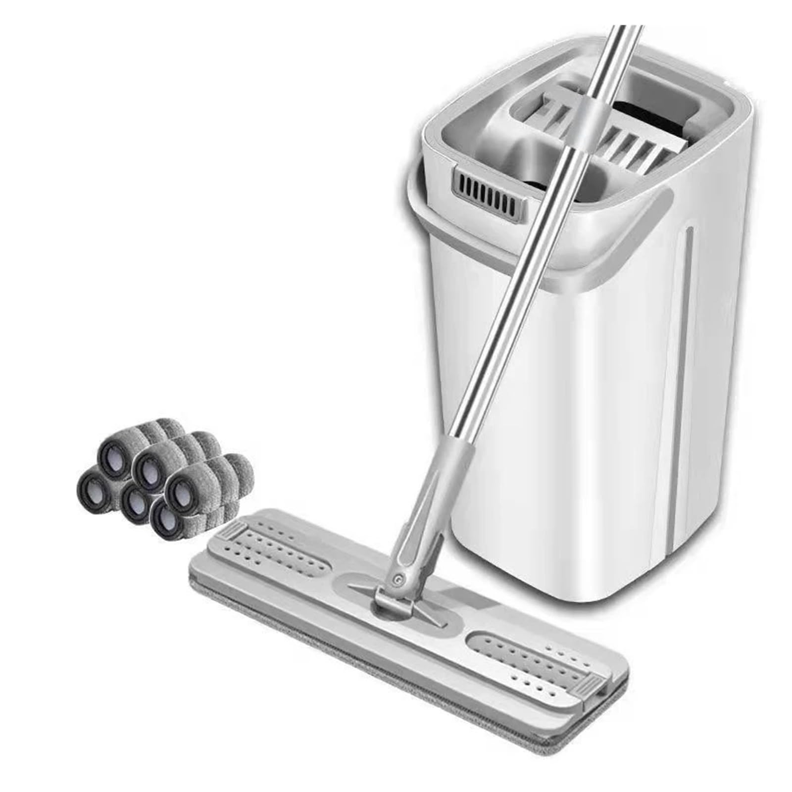 Fregona giratoria de 360° for Limpieza Suelos con Cubo, sin Lavado a Mano, exprimidor Plano, utensilio doméstico for Eliminar Manchas(White with 6 Cloth)