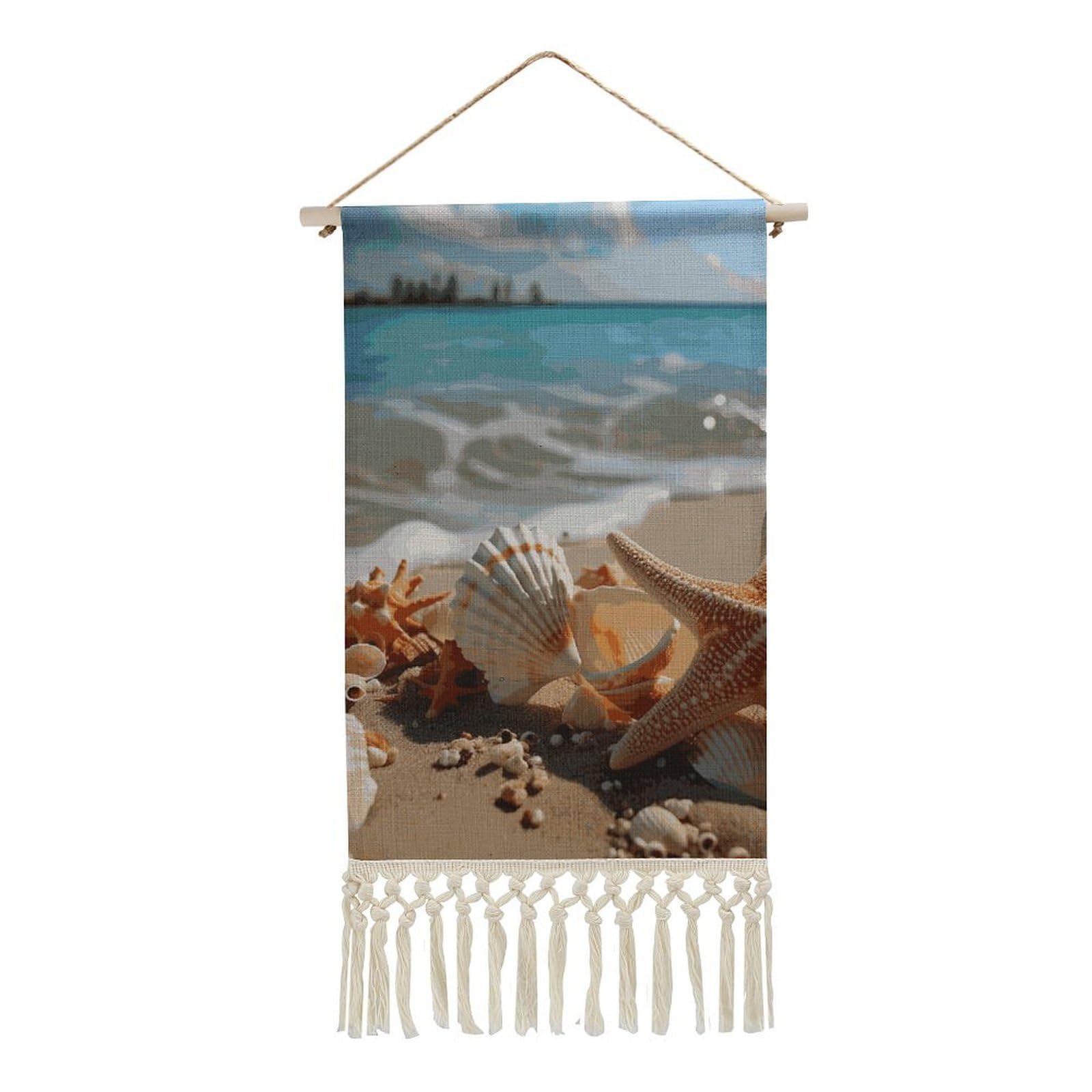 BTCOWZRV Cotton And Linen Hanging Poster with Tassels, Seashells Starfish on Beach Wall Hanging Tapestry Vintage Wall Art Painting Modern Artwork Decoration for Home Decor Ready to Hang 10x19.6 in