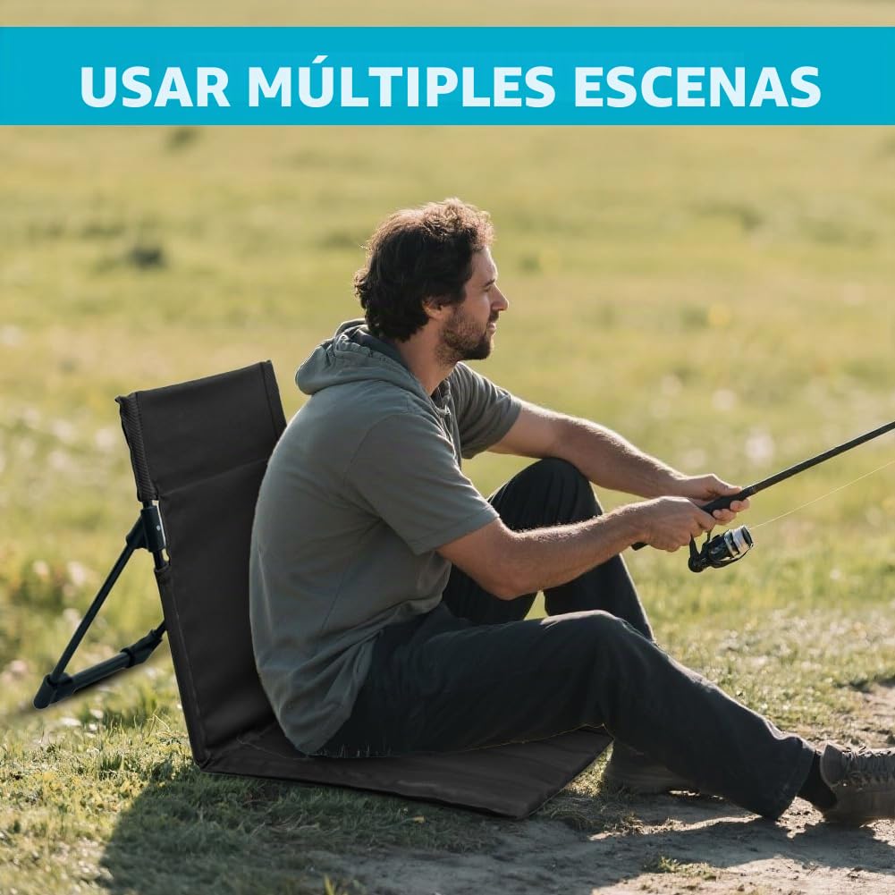 Esterilla Playa con Respaldo, Colchonetas de Playa Plegables y ligeras, silla de suelo para exteriores, con soporte para la espalda, portátil, pícnic, camping, conciertos al aire libre (negro)