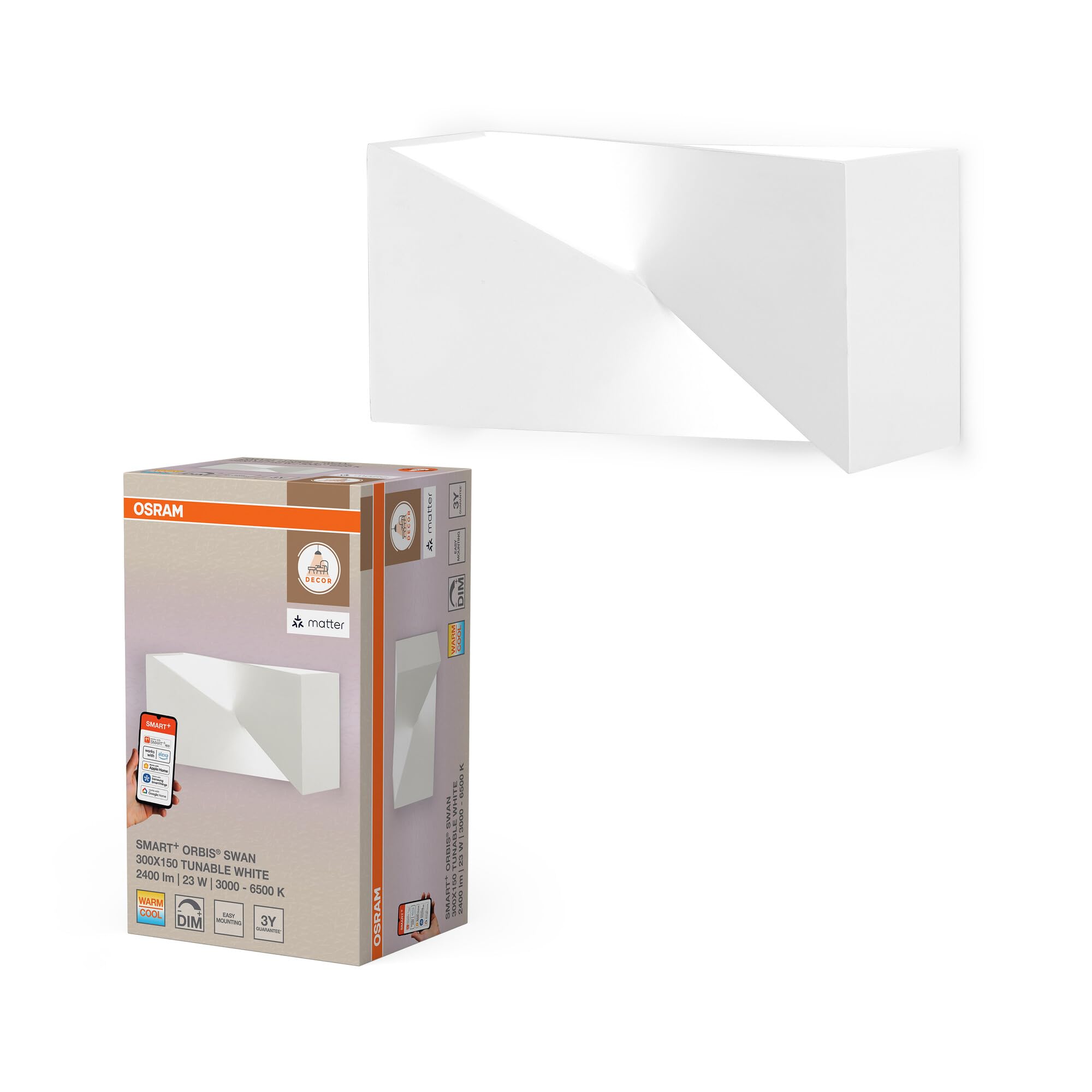 Osram SMART+ Matter Wall Swan LED Wandleuchte Weiß 300x150mm, 23W, 1700lm, TW 3000-6500K, WiFi, Alexa, Gips