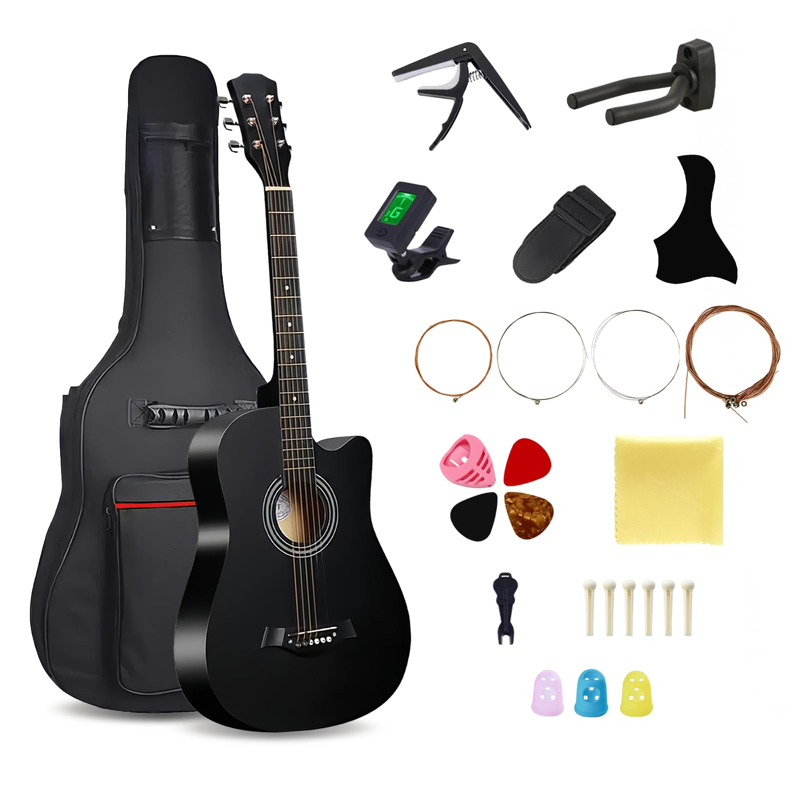 38inch Wood Acoustic Guitar, 6 Steel-String Acoustic Guitar With Guitar Bag, Elementary Tutorial of Folk Guitar for Beginners and Adults. (Black)