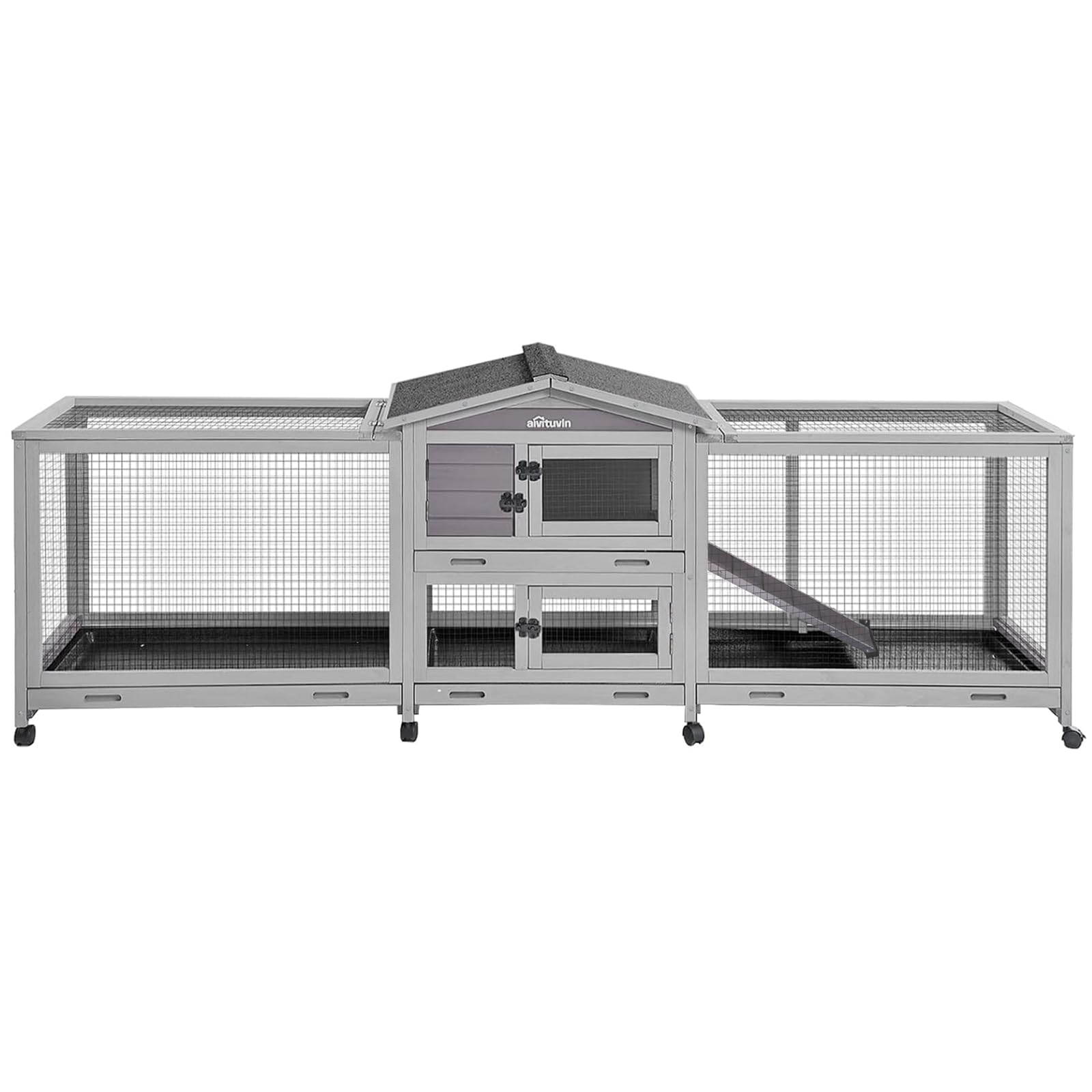 Aivituvin Rabbit Hutch 93.7" Large Rabbit Cage Indoor Outdoor Guinea Pig Cage Chicken Coop on Wheels Bunny Cage with 4 Deep No Leakage Pull Out Tray,Waterproof Roof
