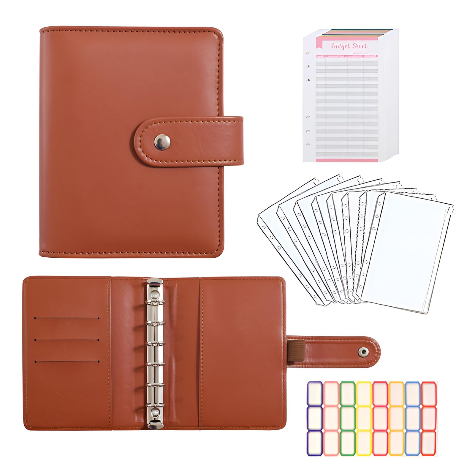 A7 Budget Binder Set - Mini Money Organizer for Cash Saving, Cash Stuffing Envelope System, Planner Binders with Pockets, Sheets and Stickers, Brown
