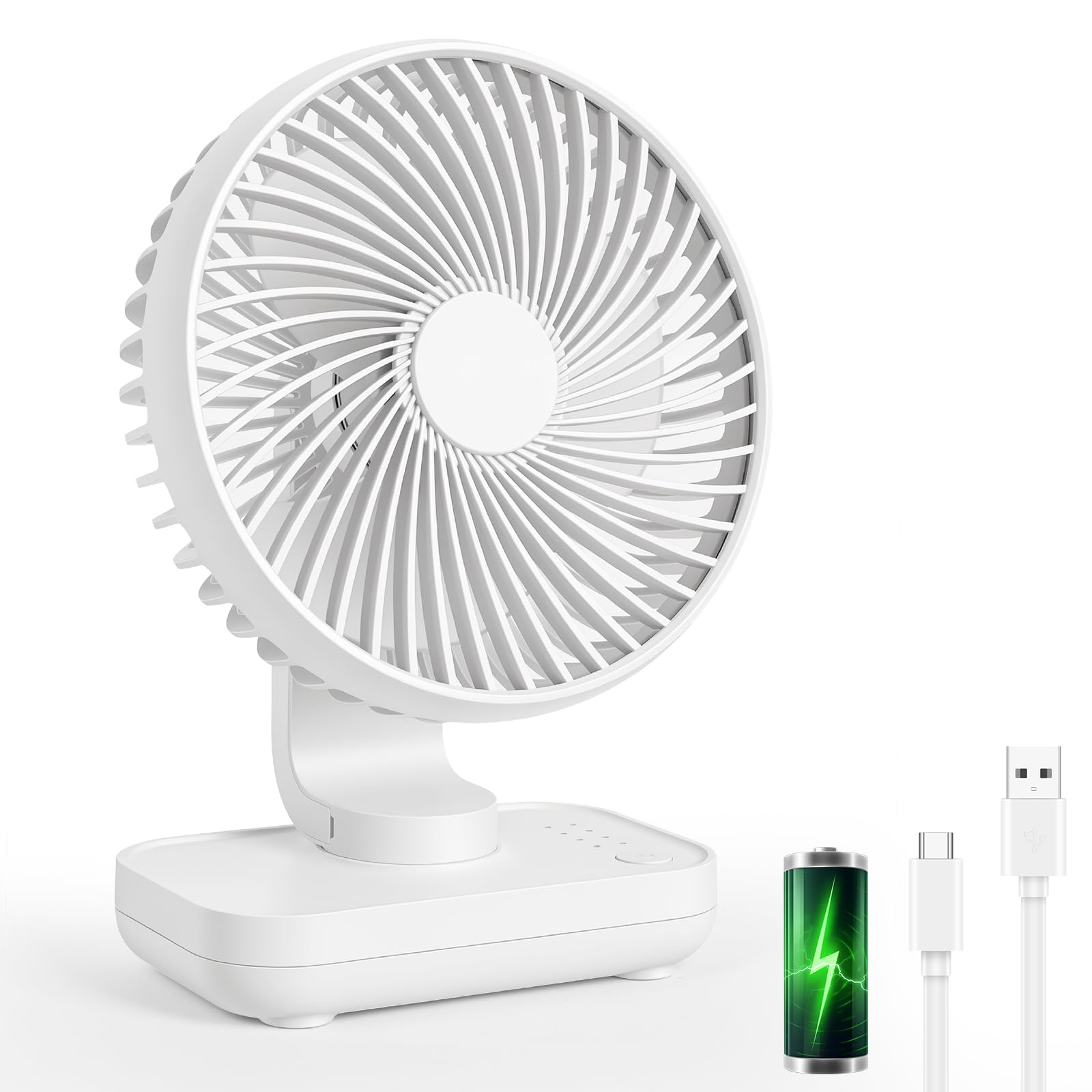 AUAUY USB Desk Fan, Mini Silent Fan with 4 Speeds Adjustable Strong Wind, Portable Rechargeable Small Table Fan for Bedroom, Office, Home, Kitchen, School, Library and Outdoor Camping, White