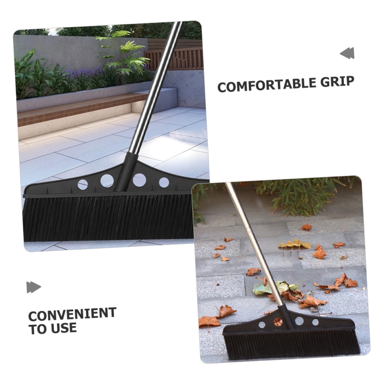 CALLARON Escoba de Jardín Desmontable Negra, Mango Ergonómico de Acero Inoxidable y Nylon, Limpieza para Porches y Piscinas