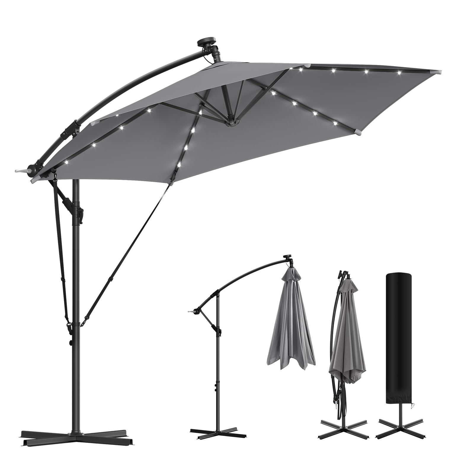 WOLTU Parasol Déporté, avec LED Solaire, Parasol de Jardin Extérieur, Hexagonal, Ф3m, Rotation à 360°, Inclinaison Réglable, UPF 50+, Mât en Métal, avec Manivelle, Housse et Cordes