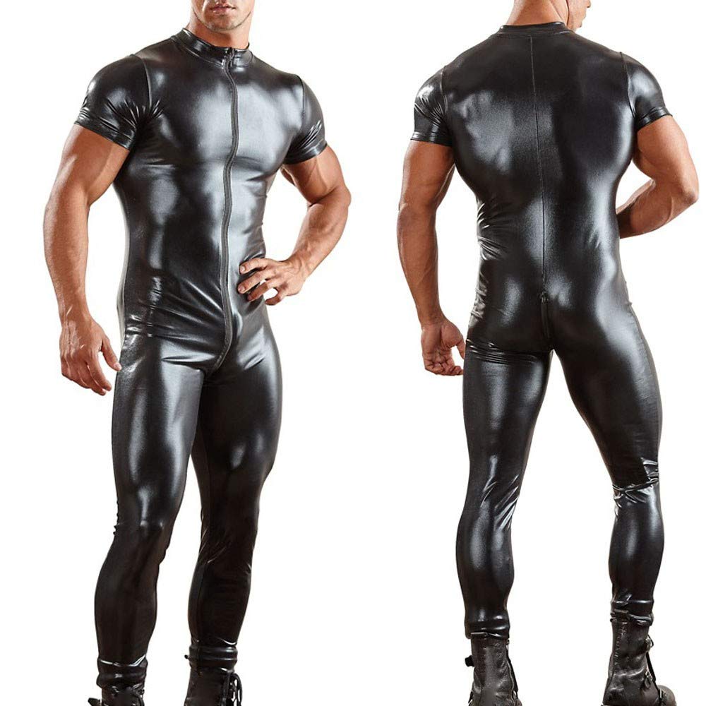 Body en latex pour homme - Manches longues - Combinaison intégrale en cuir synthétique avec fermeture éclair - Aspect cuir - Maillot de corps moulant