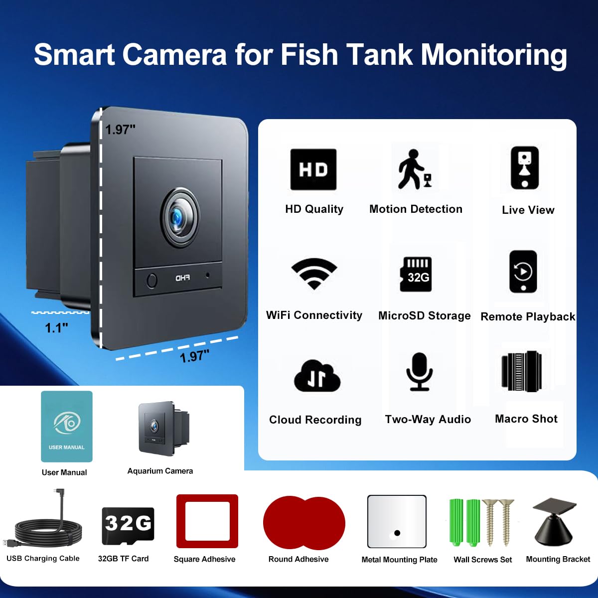 Videocamera per acquario HD 2K per pesci: serbatoi e rettili, lenti antiriflesso, visione notturna, audio bidirezionale, rilevamento del movimento AI, accessori per acquari con scheda SD da 32 GB