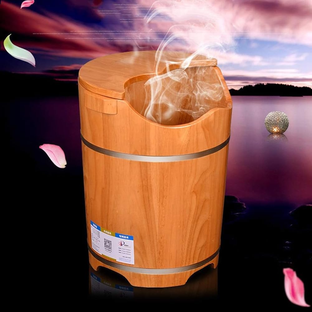 Oak Wooden SPA Foot Bath Soaking Tub, Solid Oak Wood Foot Basin with Insulation Cover Plate, Pedicure Foot & Calf Spa Deep Soaking Bucket, with Sealed Drain Opening