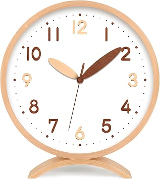 Maxspace Table Clock-8 Inch Silent Non-Ticking Wooden Timepiece Desk Clock, Battery Operated Decor Round Clock for Living Room Office Bedroom Decor Log - Double Wood Font