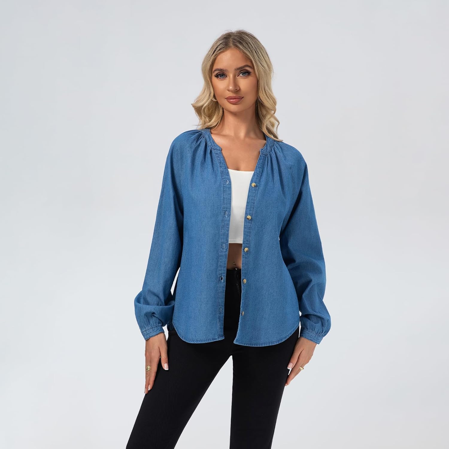 FASHIONSPARK Women's V-Neck Denim Shirt, Long Sleeve Puff Sleeve Top, Casual Blouse for Work, Travel, and Daily Wear - Image 5
