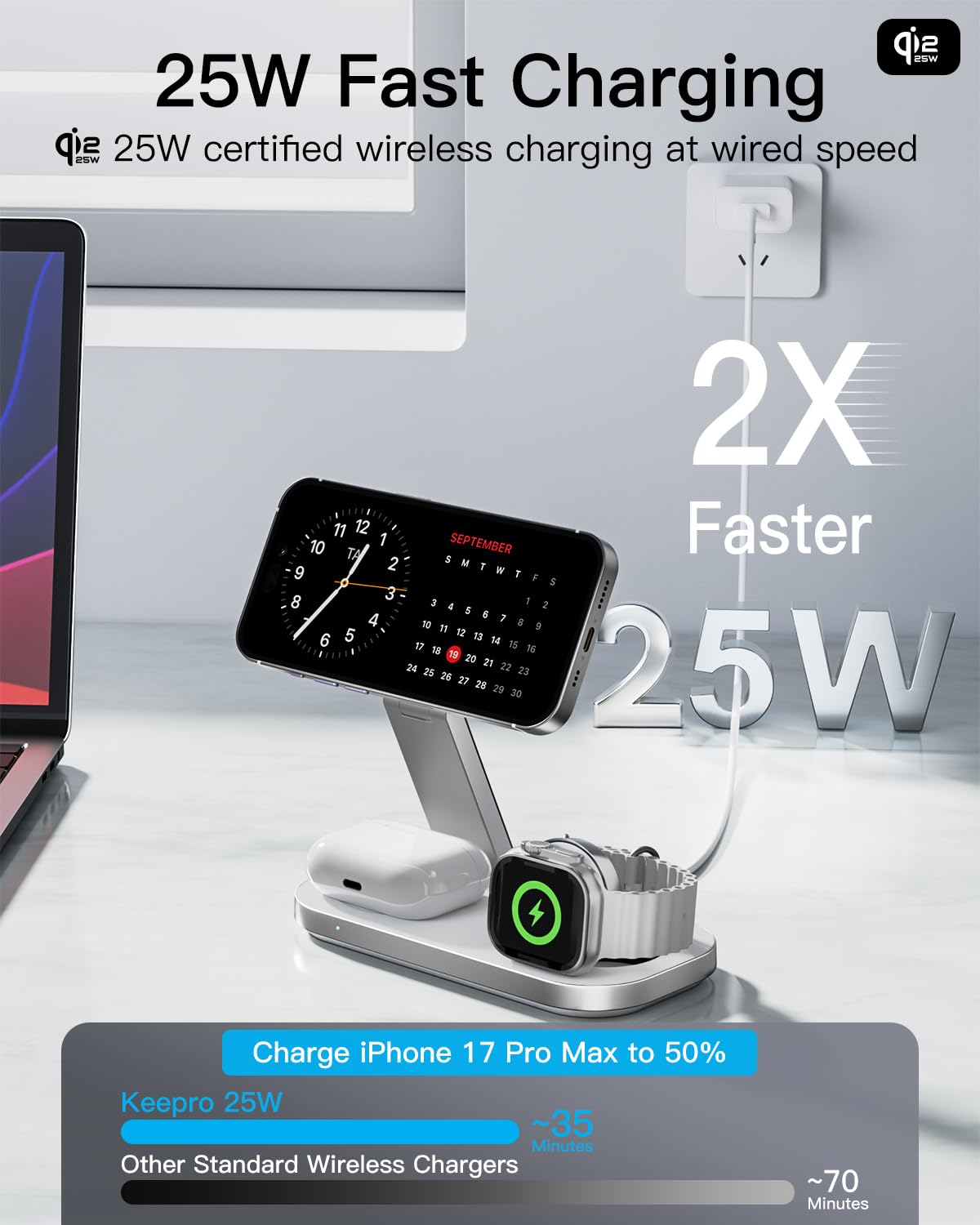 Qi2 25W Estación de Carga 3 en 1 para Apple, Soporte Plegable de Carga Rápida Magnética Compatible con mag-Safe para iPhone 17e/17/16/15/14/13/12/Air, Apple Watch y AirPods Pro/4/3/2-Blanco