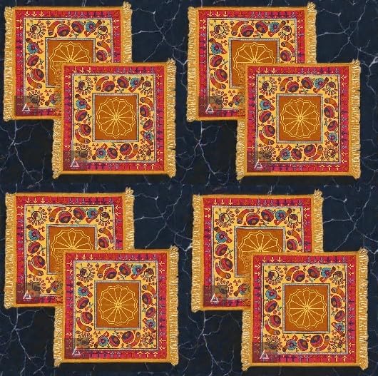 Pack of 8 Velvet Finish Yellow Traditional Rangoli Print Pooja Mat for Worship, Meditation-picture-19