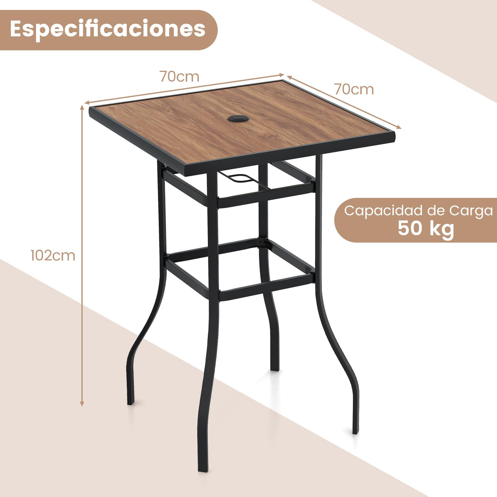 COSTWAY Mesa Alta Cocina, Mesa Alta Cuadrada 70cm, Mesa Bar con Orificio para Sombrilla de 39 mm, Estructura de Metal, Mesa Alta Exterior Jardin Terraza