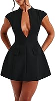 LuFeng Women's Sexy Cap Sleeve Deep V-Neck Zipper A-Line Mini Bodycon Party Dress for Summer Nights Out