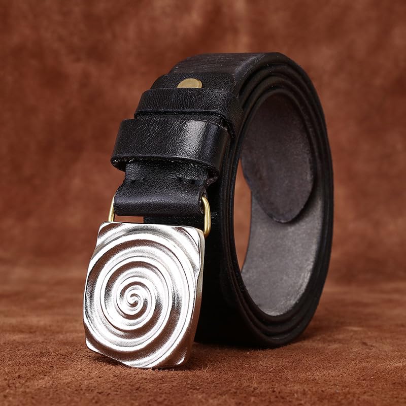 Retro Snap Belts with Engraved Unique Spiral Shapes Silver Buckle - Washed Top Grain Leather Strap for Every Occasion(130cm/51, Black)4