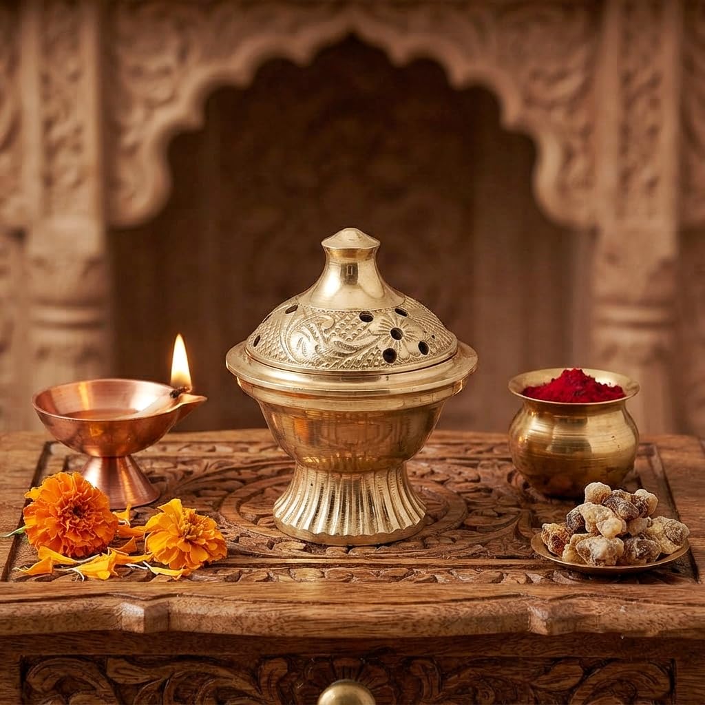 Traditional Brass Incense Burner Dhoop Dani Pot for Daily Worship, Loban, Sambrani and Guggal Burning, Elegant Brass Pooja Accessory for Home Temple and Religious Rituals, 6. x 7 cm-image-46
