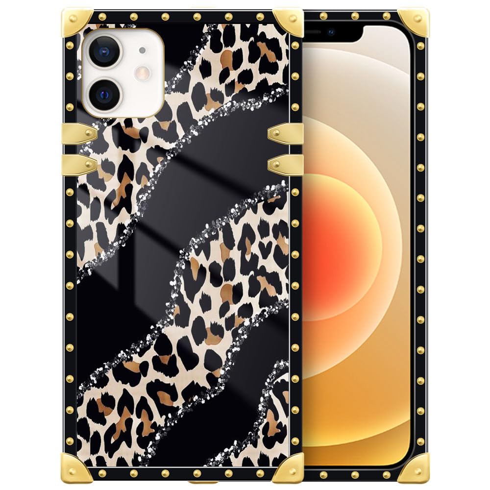 DAIZAG Compatible with iPhone 12 Case,Leopard Print with Diamond Luxury Metal Decoration Corner Soft TPU Shockproof Protective Cover for iPhone 12/12