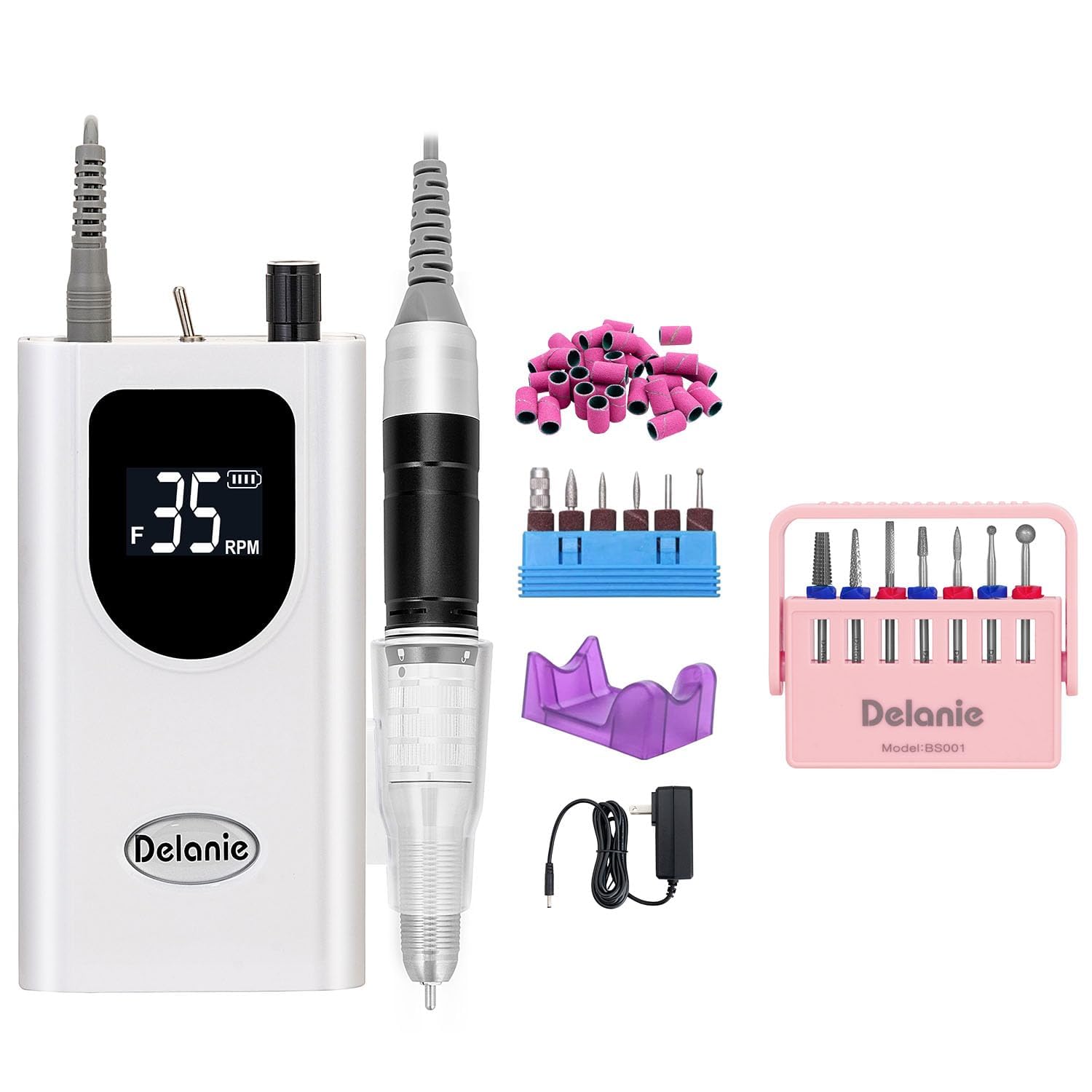 Professioneller Nagelfräser für Gelnägel 35000 U/Min Weiß & 7 teilig Nagelbits mit Halter aus Hartmetall, Profi Nagel-Maschine Set für Maniküre & Pediküre