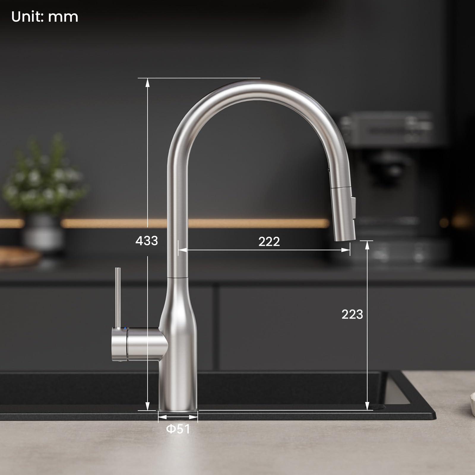 CECIPA Wasserhahn Küche Ausziehbar, Hochdruck Küchenarmatur Edelstahl, 360° Schwenk Armatur Küche mit Hohem Bogen, Robust & Leckagefrei, Einfache Installation, Mischbatterie mit Zugauslauf für Spüle | Vasenförmiger Körper, ausziehbare Brause, 360 Grad sch
