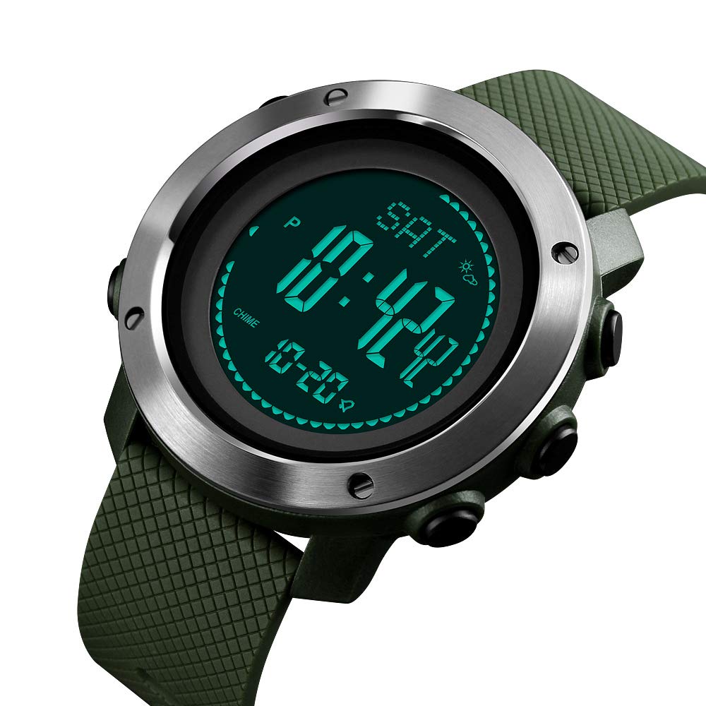 TONSHEN Kompas Zegarek Męski i Kobiety Outdoor Sport Wielofunkcyjny Cyfrowy LED Elektroniczny Wysokościomierz Termometr Pedometr Kalorie Alarm Data Zegarki Bransoletka (Zielona Stal)