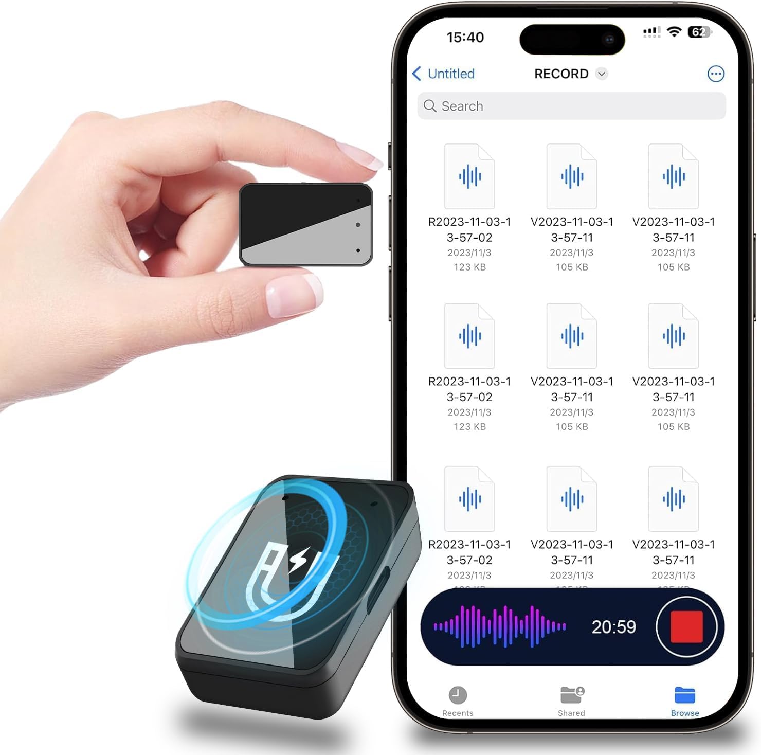 Registratore vocale magnetico 64 GB con riduzione del rumore, porta USB-C ricaricabile per studi, conferenze, riunioni, interviste, registratore audio portatile con auricolari, facile da usare