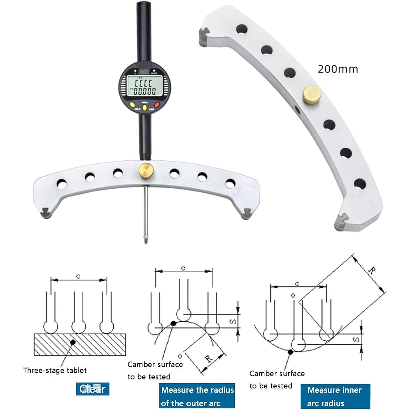 Elektronisches Radius-Messgerät für Innen- und Außenradius, digitale Radiuslehre, 200 mm Backe, Datenübertragung, für mechanische Teile und Holzformen
