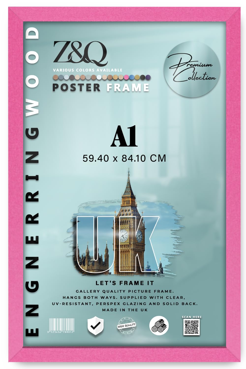 Z&Q Pink | Wooden Mdf Wall Frame A1 (59.40 X 84.10 Cm) Premium Engineered Wood, Poster Holder 33" X 23" Stylish Look, 594 X 841 Mm [ ]