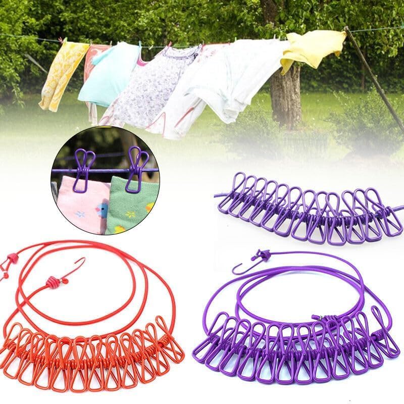 Image of eumqestoer Cloth Drying Rope with Hooks | Elastic Hanging Rope for Cloth Drying with 12 Clips | Cloth Rope for Drying Clothes for Travel Home Outdoor | Kapde Sukhane Ki Rassi | (Pack of 3)