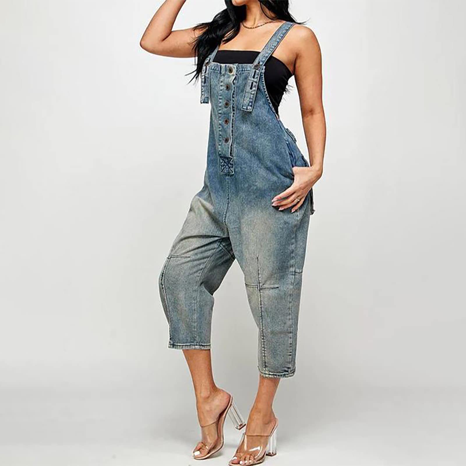 Pantalones vaqueros con peto para mujer, 7/8, pantalones de trabajo, vintage, vaquero, holgado, informal | Bib Pants Distressed Pantalones de mezclilla, Babero de Moda Trajes sin Mangas Jean Mono Para Verano, Diario, Trabajo