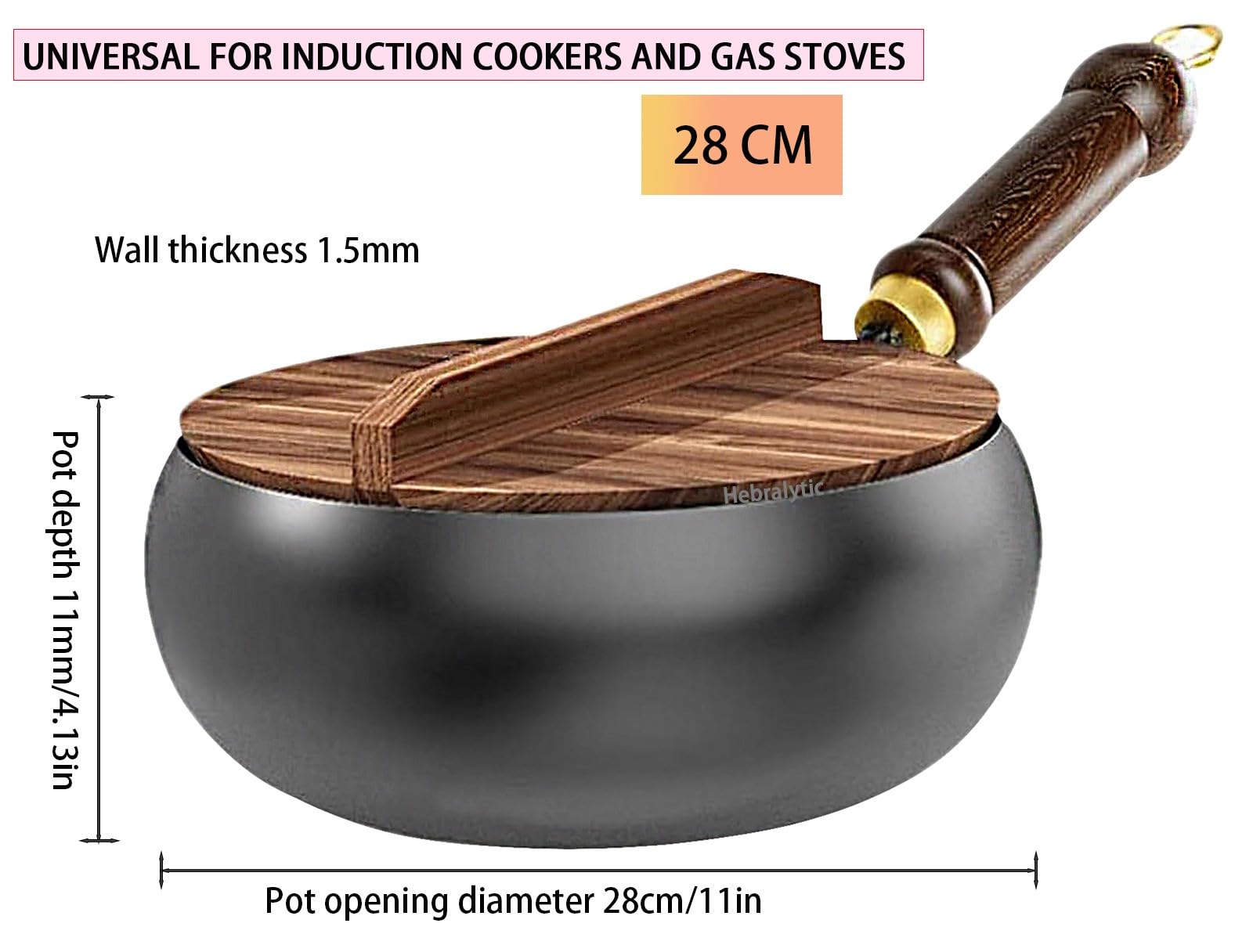 Japanischer Wok aus Gusseisen, Unbeschichtete Antihaft-Bratpfanne mit Griff, Woks und Pfannen zum Anbraten für Induktions- und Gasherde(Wooden lid,28cm)