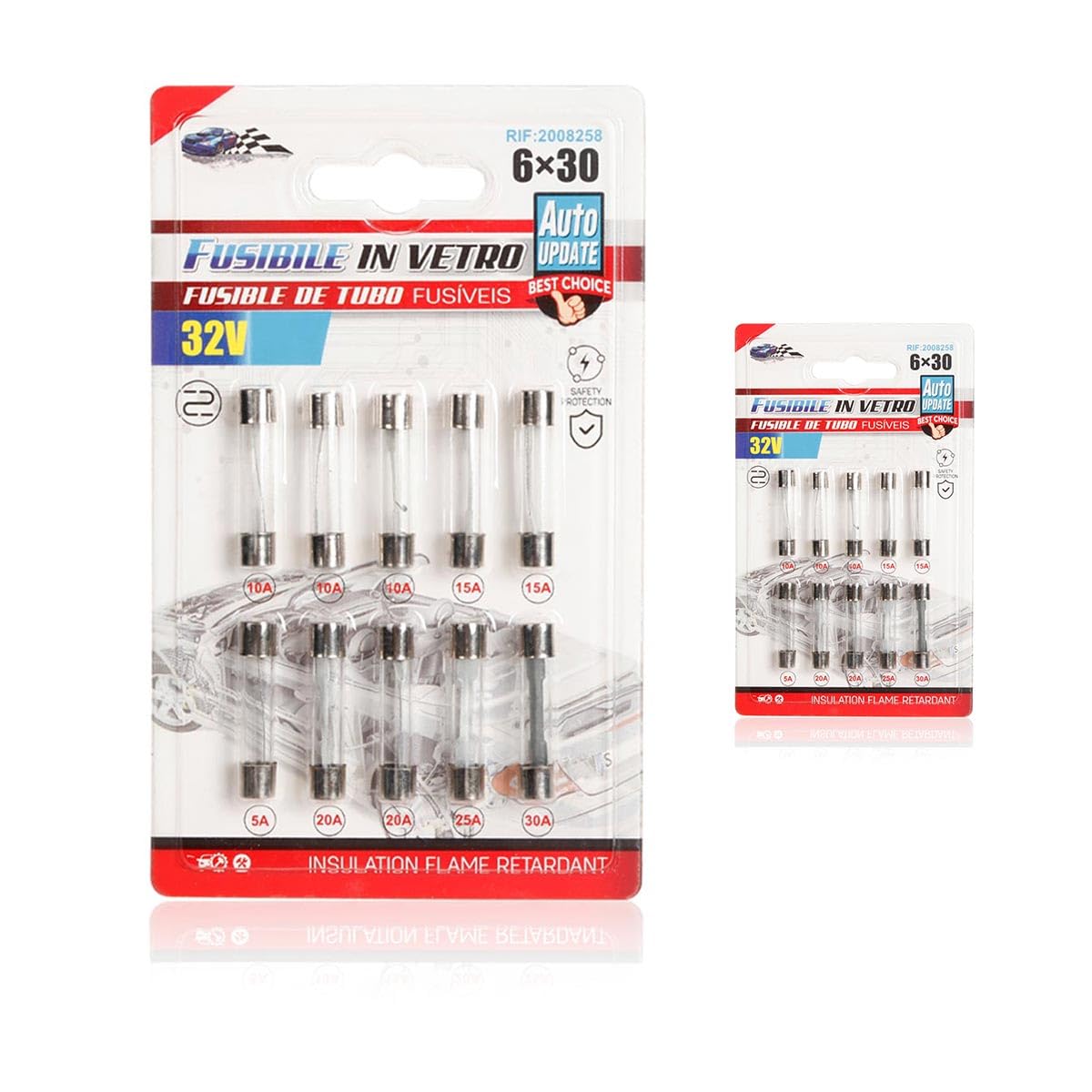 Kit de 10 fusibles de cristal de 5 A, 10 A, 15 A, 25 A, 30 A, fusibles de acción rápida para coche, moto, caravana, camión, barco, diámetro 6 mm (2 paquetes de 20 unidades)
