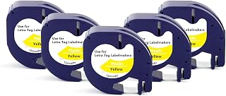 5X Compatible for Dymo LetraTag Yellow Plastic Tape Refills 91202 S0721620, Black on Yellow 12mm x 4m Tape Cartridge for Dynamo Letratag LT-100H LT-100T LT-110T QX50 XR XM 2000 Plus Label Makers