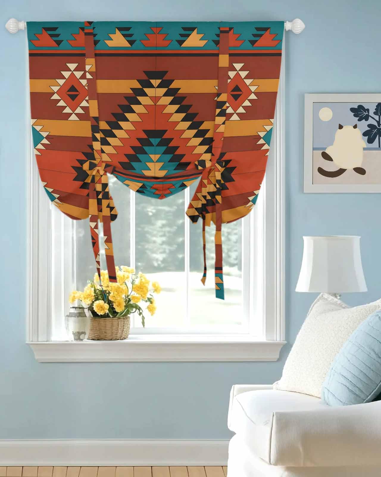 Tie Up Curtains for Windows Vintage Aztec Tribe Pattern Rod Pocket Tie-Up Window Shade Adjustable Balloon Curtain Valance Abstract Bohemian Art for Bedroom Kitchen Bathroom Blinds,42x45in