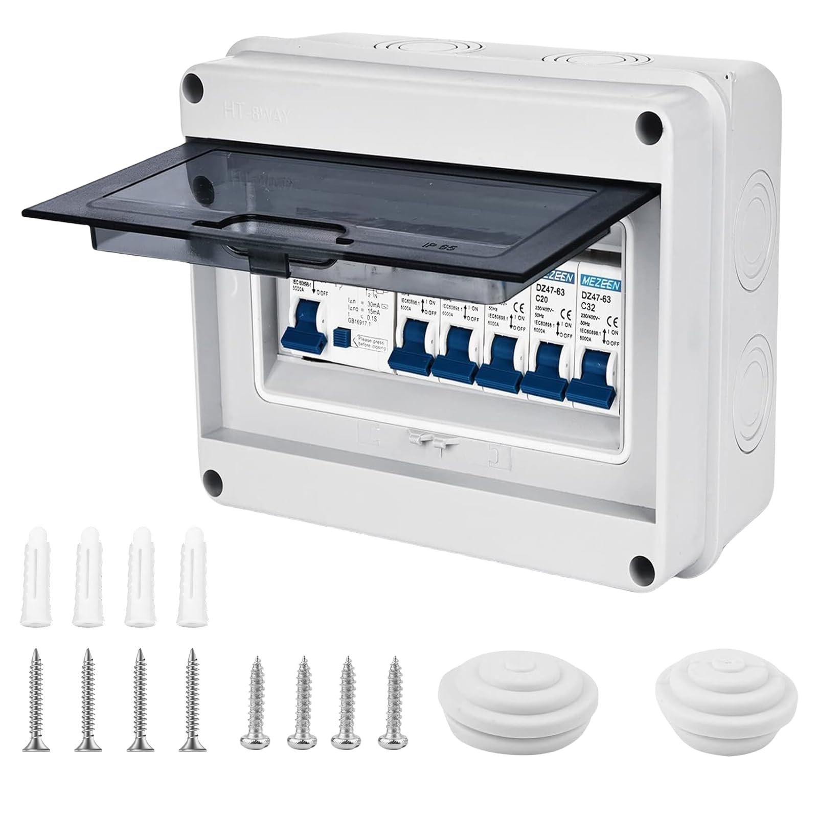 Caja de fusibles de superficie IP65 con disyuntor, disyuntor 63 A, 4 vías, 2 x 6 A+10 A+20 A+32 A, subdistribución en superficie, interruptor de separación CA, distribuidor pequeño, caja de