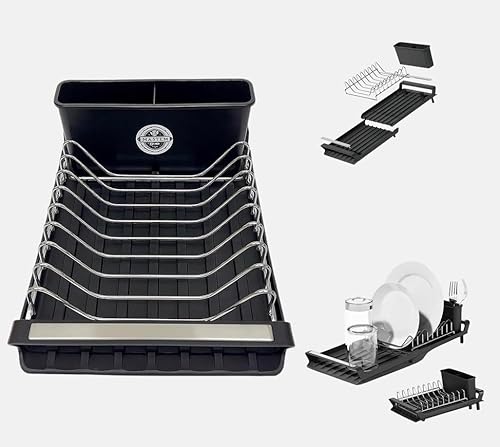 Mastem Dish Drying Rack – Compact & Extendable Stainless Steel Dish Drainer with Cutlery Holder, Non-Slip Feet – Ideal for Small Kitchens, Caravans, Countertops