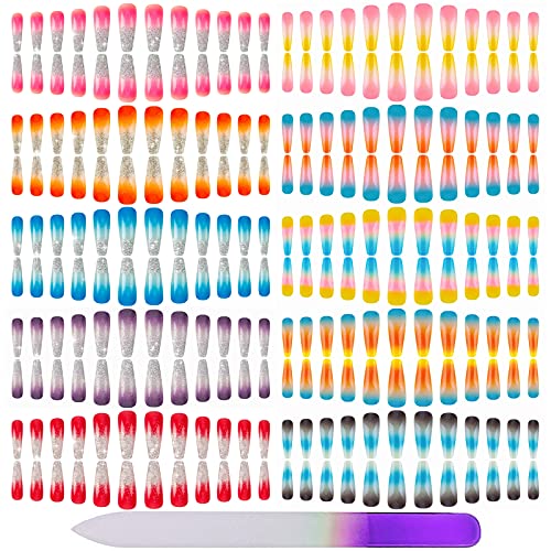 Fake Nails Kit Glossy or Matte Pure Color Acrylic Coffin False Nail Full Cover Press On Nail Tips with a Crystal Nail File(Super Long Gradient-2)