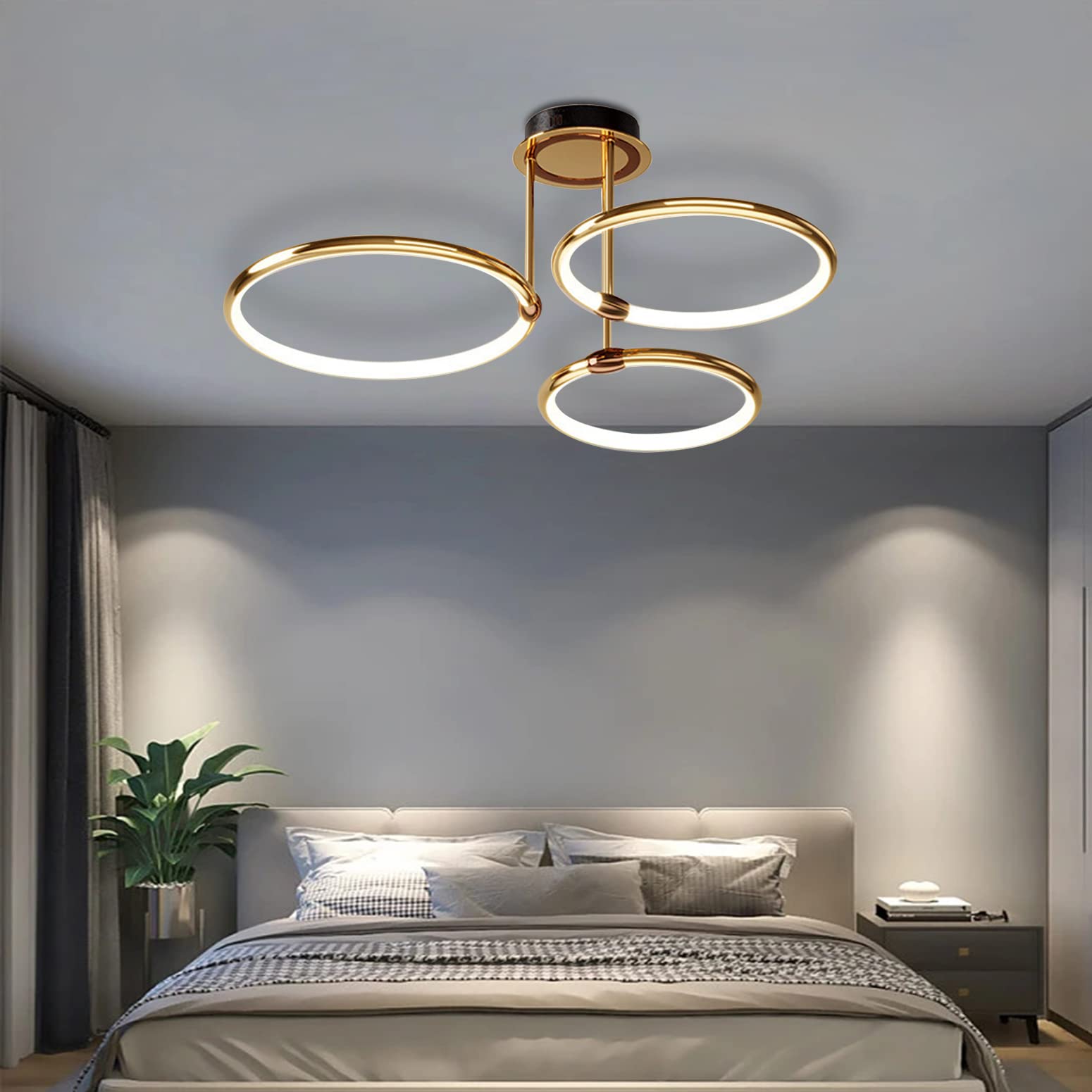 Lampa sufitowa LED Złoty pierścień Nowoczesny ściemnialny z pilotem Metalowy akrylowy okrągły żyrandol Salon Kuchnia Sypialnia Biuro Jadalnia Lampa Dekoracja Oświetlenie (3 pierścienie,Ø55cm,60W)