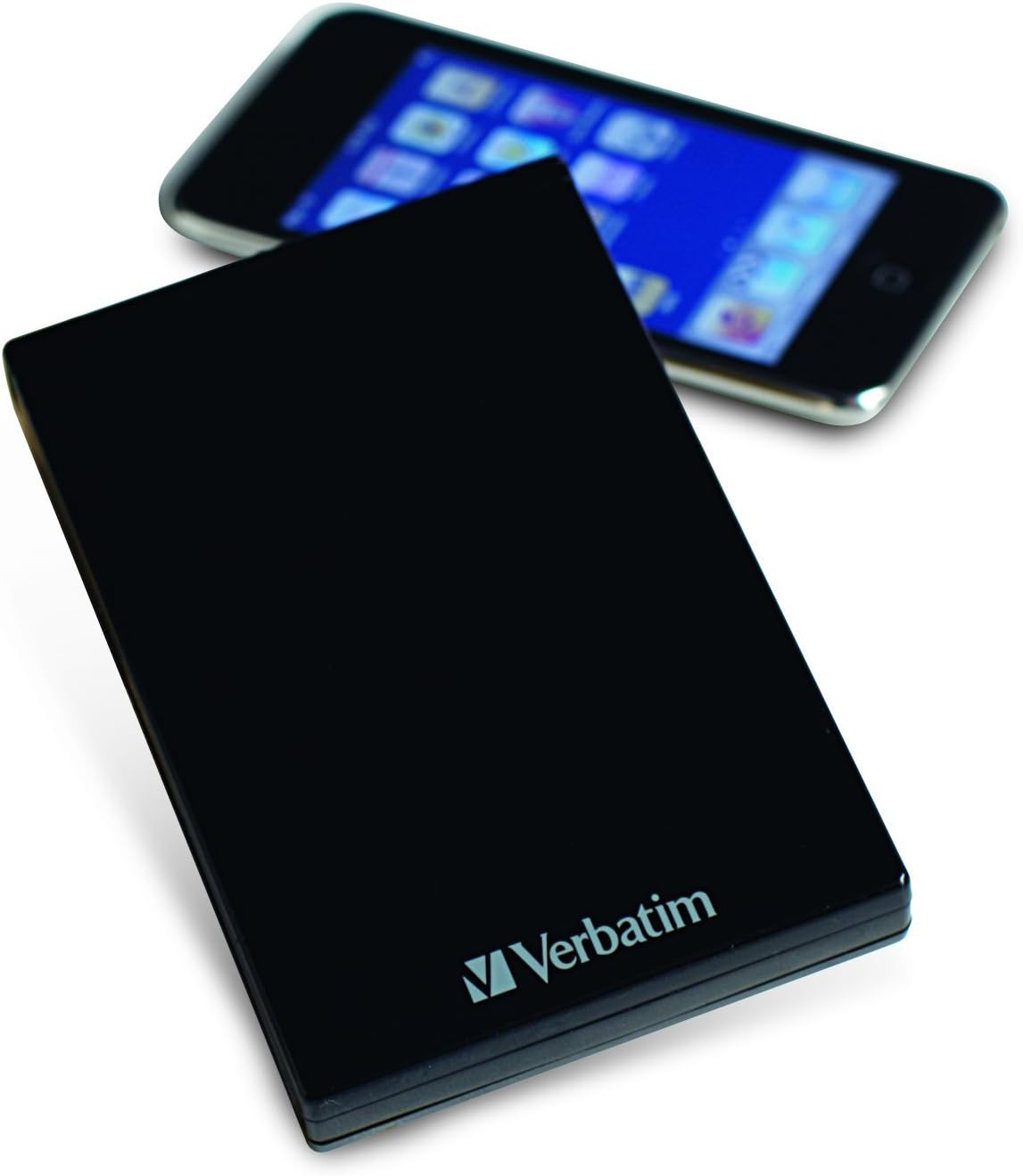 Verbatim Acclaim 1TB portable hard drive next to a smartphone, illustrating its compact size.