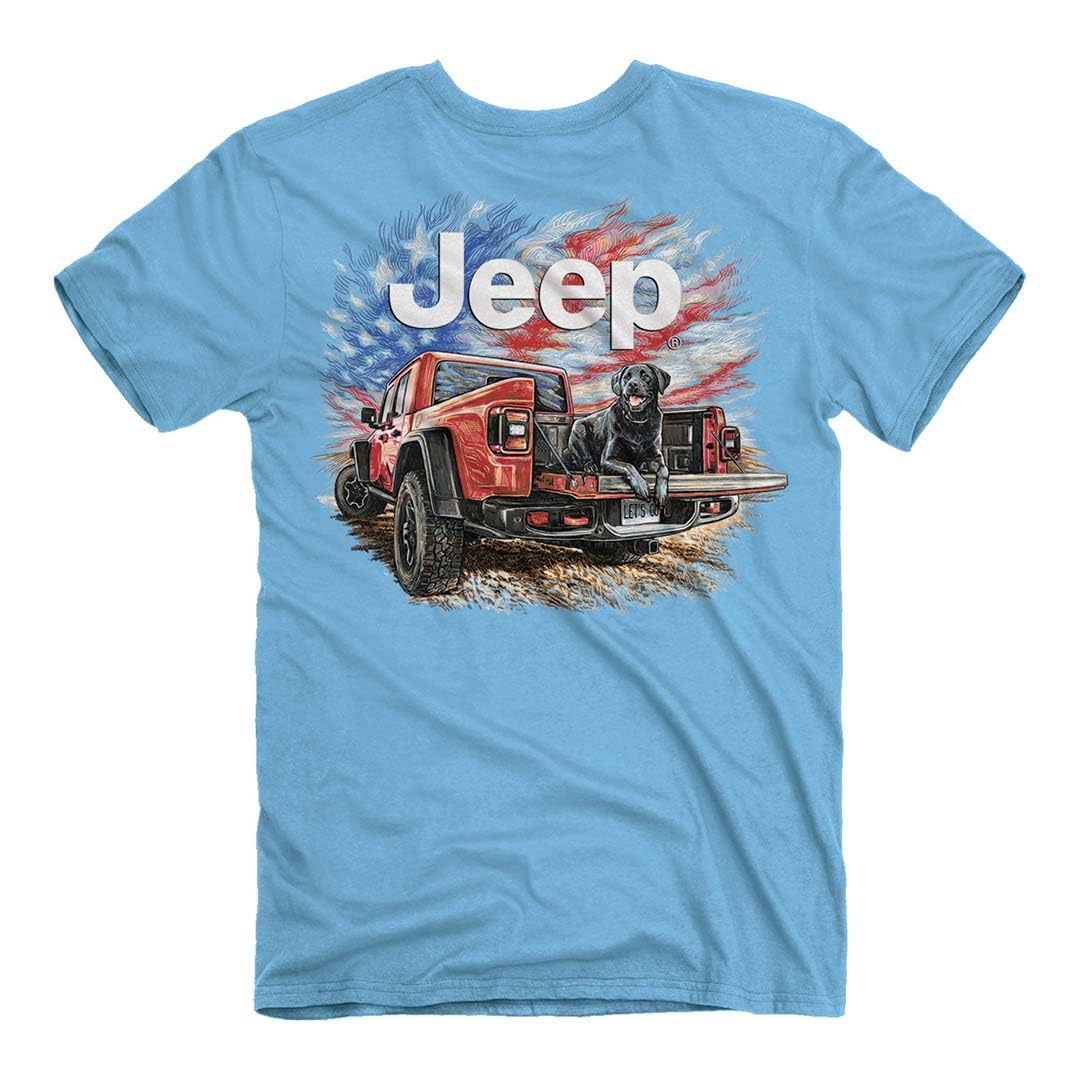 JEDCoJeep - Glad Lab T-Shirt, Blue | Gladiator Rubicon, Black Lab, American Flag Design | 100% Combed Ringspun Cotton