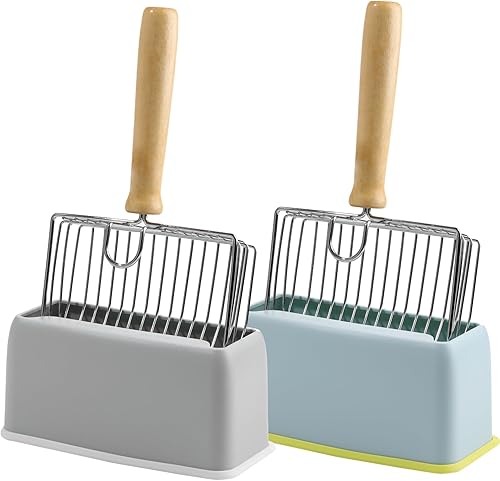 Ysglory 2 juegos de cuchara de arena para gatos con soporte de acero inoxidable, cuchara de arena de tamizado rápido para gatitos, soporte grande