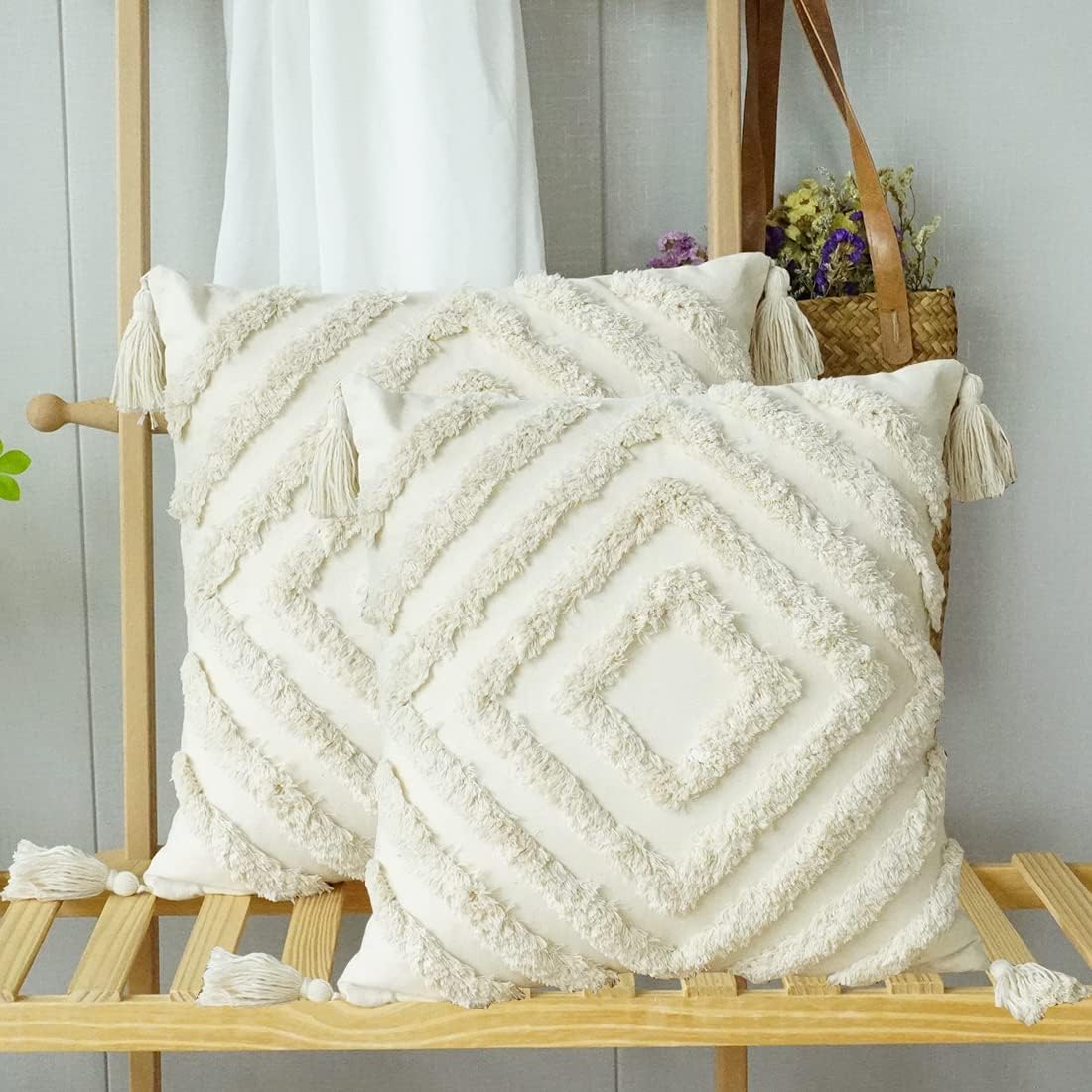 vctops Boho Woven Tufted Throw Pillow Covers Set of 2 Geometric Neutral Decorative Pillows Cover Small Lumbar Modern Accent Farmhouse Cushion Case (Cream C,12"x20")