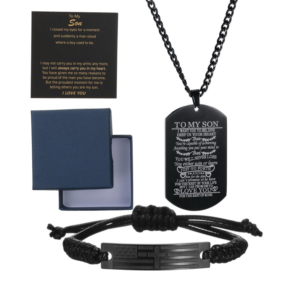 Butishop Son Gift Personalized Braided Bracelet from Mom and Dad with Dog Tag Necklace You Will Never Lose Birthday Graduation Valentines Gifts Black Stainless Steel