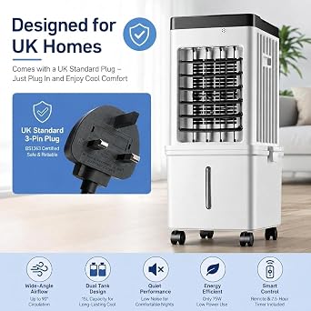 Portable Evaporative Air Cooler Fan with Ice Packs, 15L Dual Tank [Energy Class A]