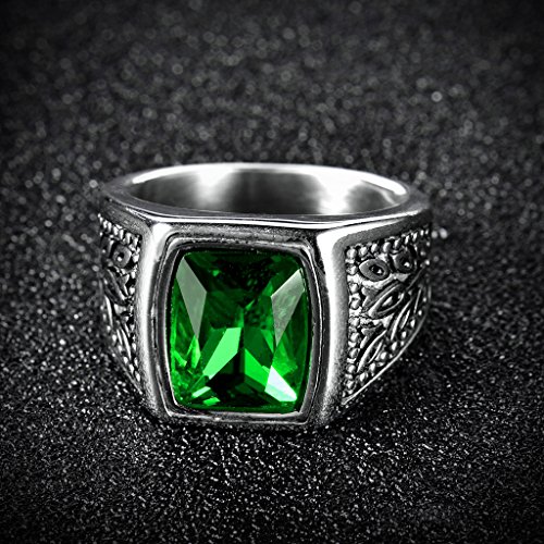 Masop Mens Stainless Steel Ring Large Green Emerald Color Square Stone Ring Size 11 #TOP1