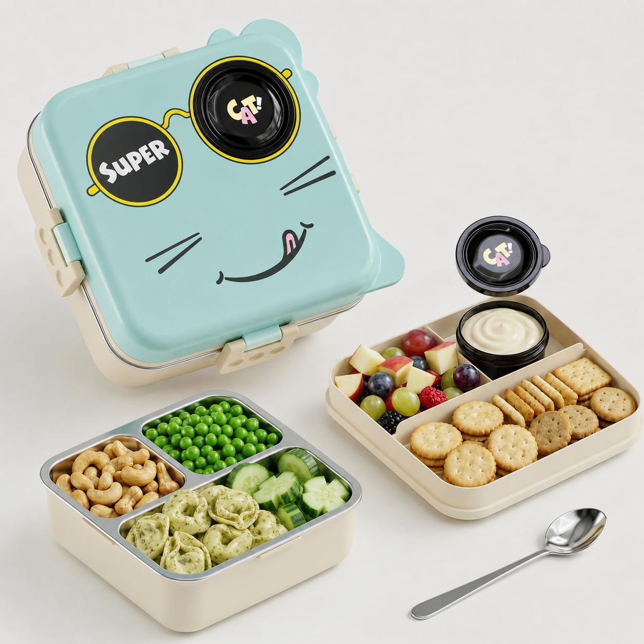 MEDALLIX Lunch Box for School Travel Work Gym, 3 Compartment Bento Box, Portable Tiffin Box, Stainless Steel Food Container, Leakproof Meal Box with Spoon, 1120ml + 70ml (Mint Blue, Super Cat)