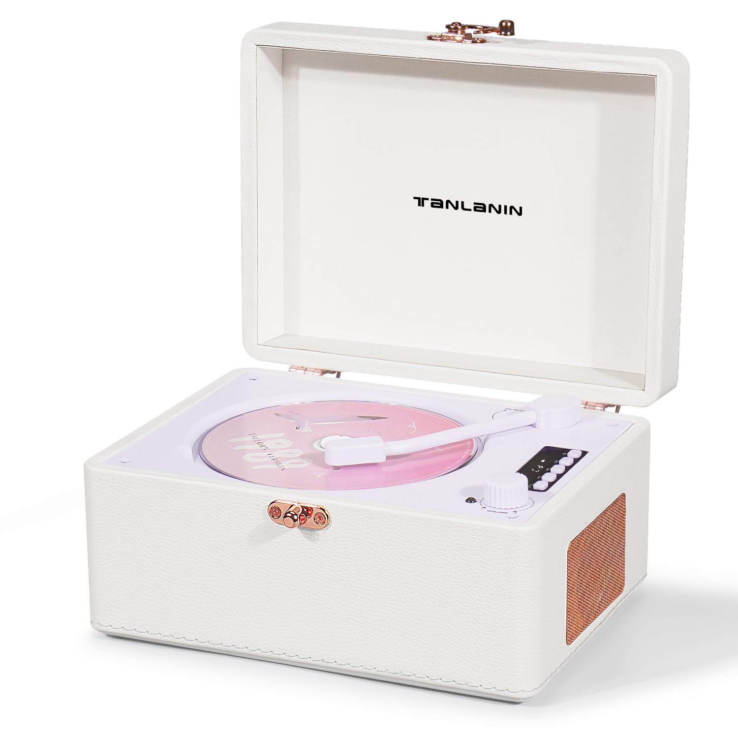 TANLANIN CD-001WT Vintage Desktop CD Player in white synthetic leather with rose gold accents
