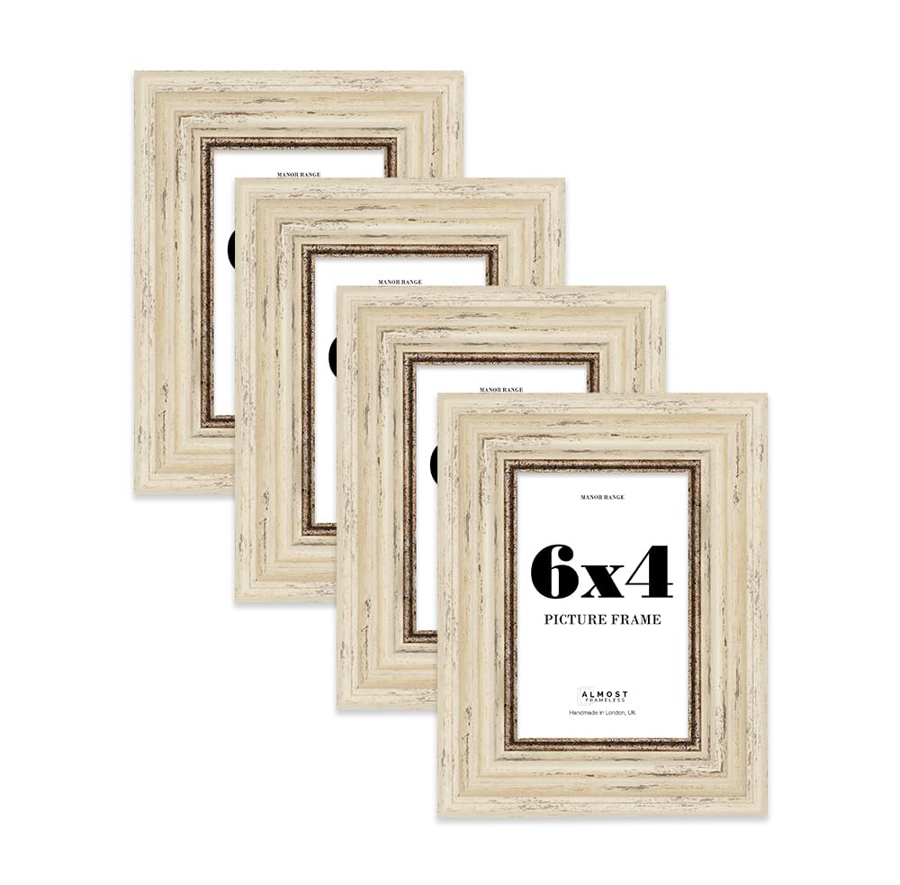 6x4 Picture Frame, Display 6x4 Pictures (10.2 x 15.2cm) - Distressed Cream Timeless 42mm Edge Decorative Wall Display Frame - 4 Pack