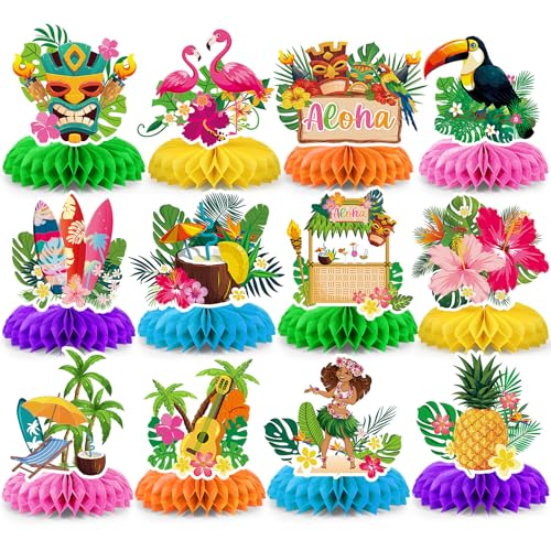 12 Pcs Hawaiian Luau Party Decorations Tropical Aloha Theme Honeycomb Centerpieces for Tables Luau Hawaiian Table Honeycomb Centerpieces for Summer Tiki Birthday Wedding Pool Beach Party Supplies
